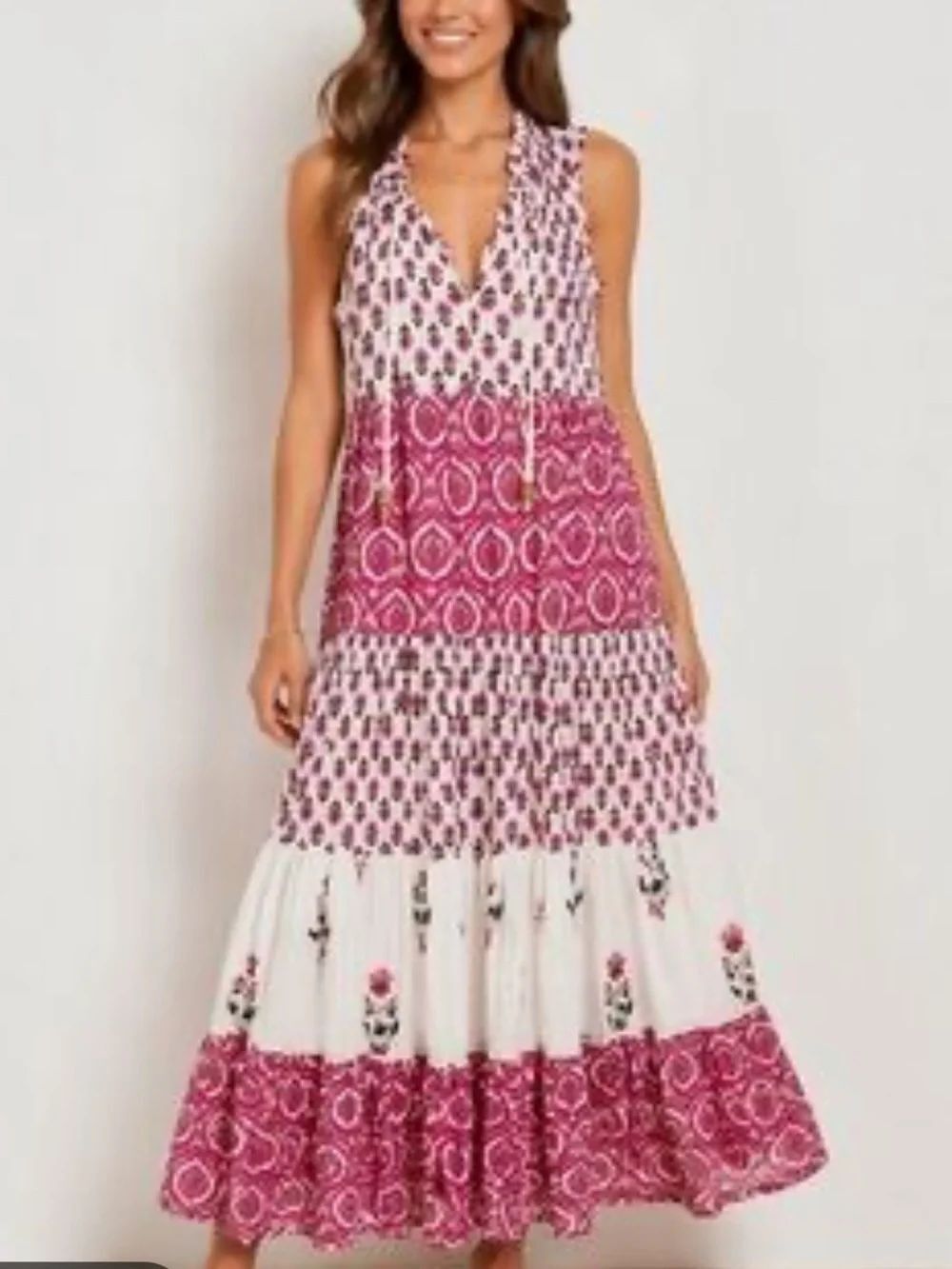 Chelsea & Theodore Pink Boho Floral Tiered Maxi Dress Boho Cottagecore Resort S